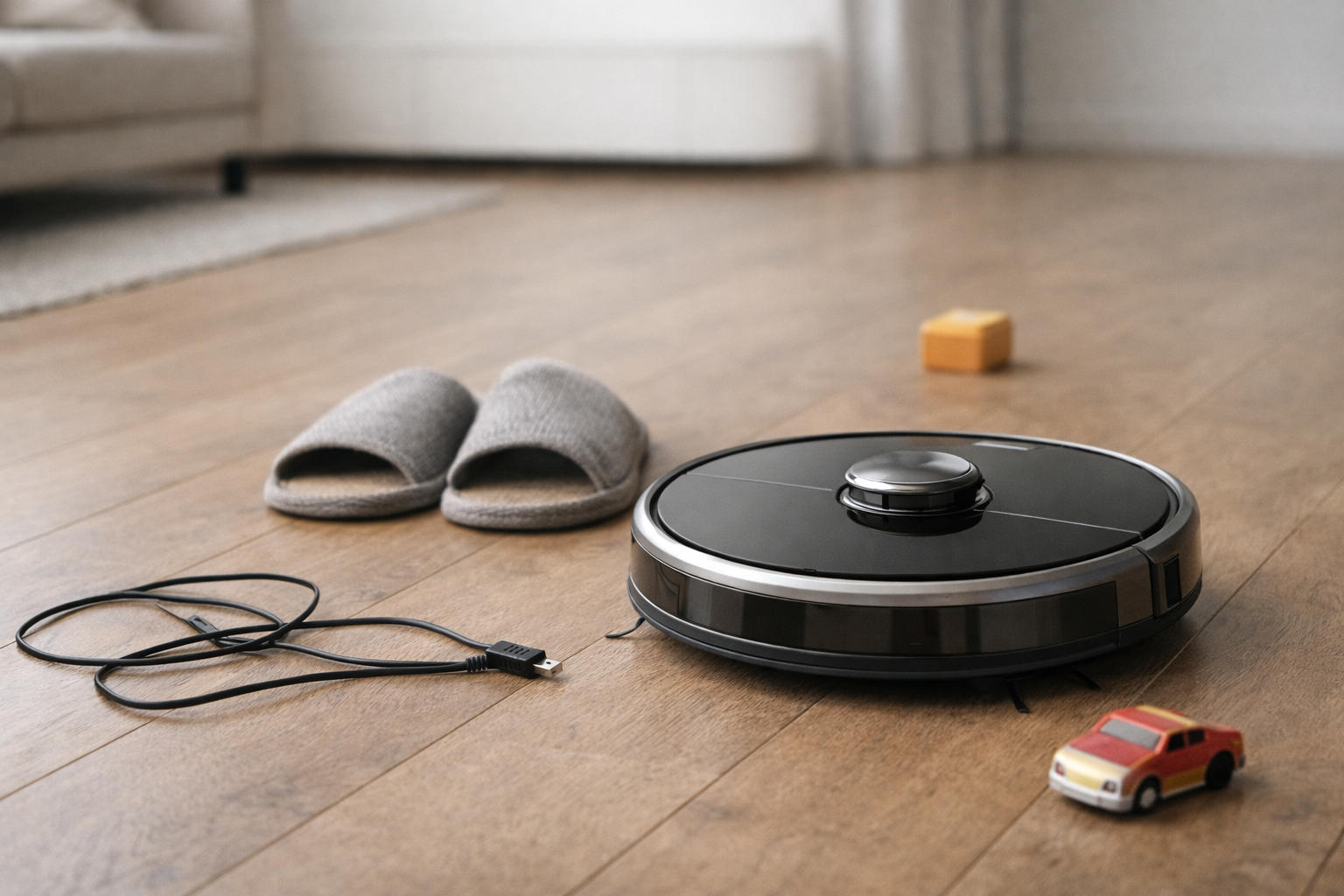 Saugroboter fährt auf Holzboden