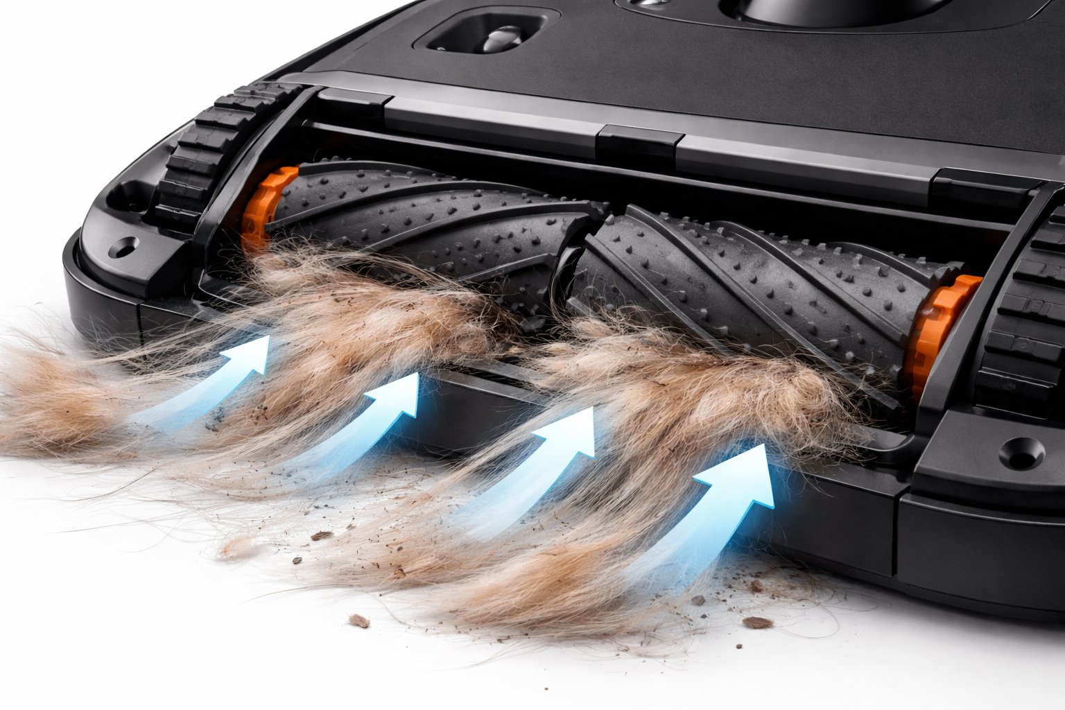 Nahaufnahme einer modernen Gummibürste eines Saugroboters mit Tierhaaren