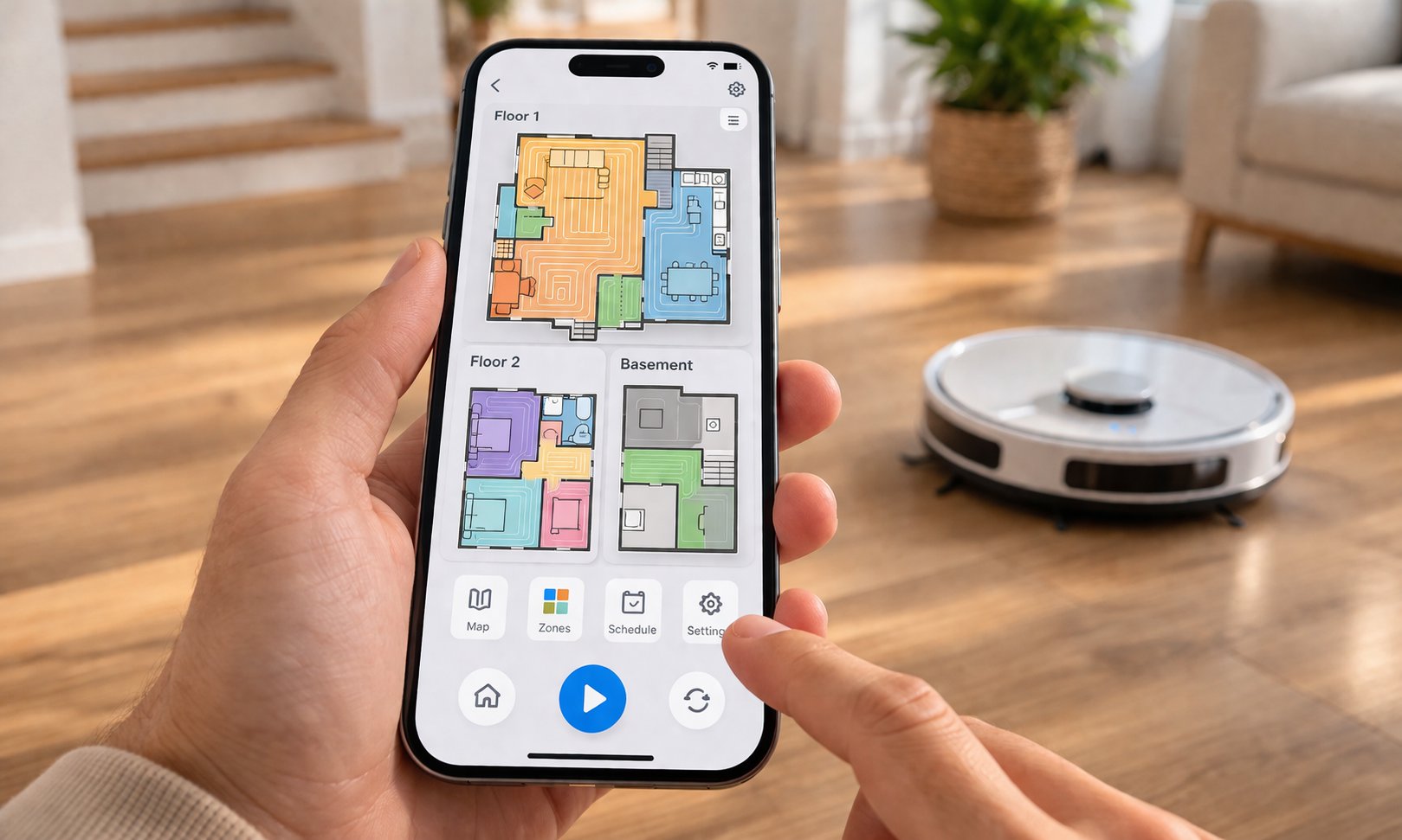 Smartphone-App zeigt gespeicherte Grundrisse mehrerer Etagen mit verschiedenen Reinigungszonen