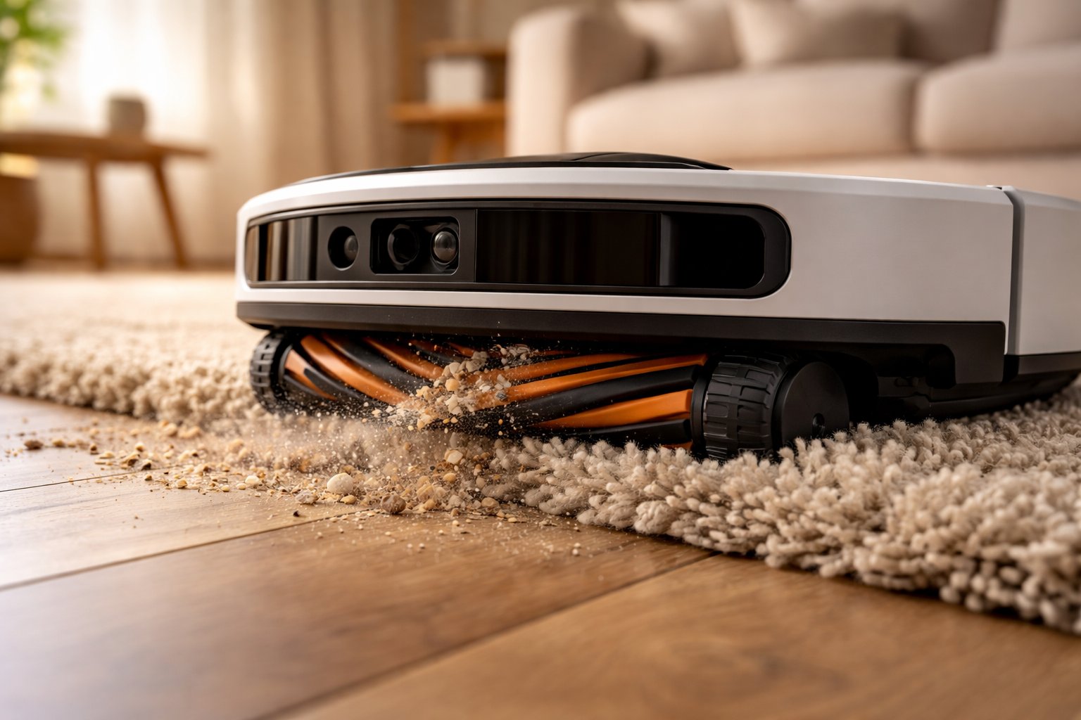 Nahaufnahme eines Saugroboters auf einem mittelflorigen Teppich mit sichtbarer Bürstenwalze